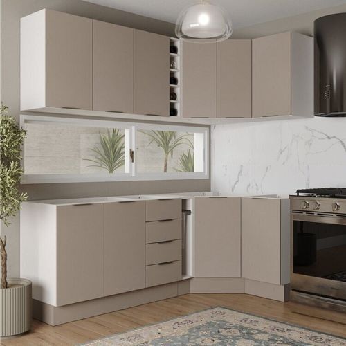 Cozinha Modulada 8 Peças sem Tampo com Rodapé 4 Aéreos e 4 Balcões Ipanema CabeCasa MadeiraOriginals Fendi Trama
