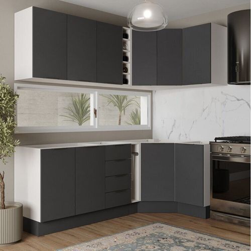 Cozinha Modulada 8 Peças sem Tampo com Rodapé 4 Aéreos e 4 Balcões Ipanema CabeCasa MadeiraOriginals Grafite Trama