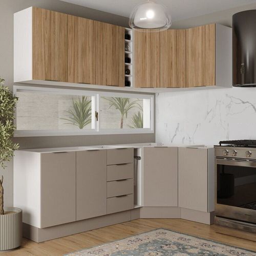 Cozinha Modulada 8 Peças sem Tampo com Rodapé 4 Aéreos e 4 Balcões Ipanema CabeCasa MadeiraOriginals Fendi Trama/ Acácia