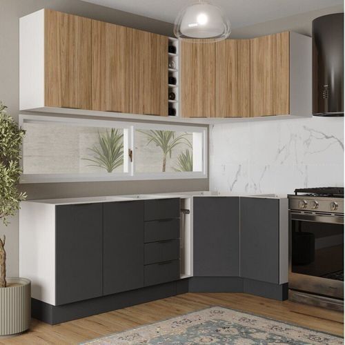Cozinha Modulada 8 Peças sem Tampo com Rodapé 4 Aéreos e 4 Balcões Ipanema CabeCasa MadeiraOriginals Grafite Trama/ Acácia