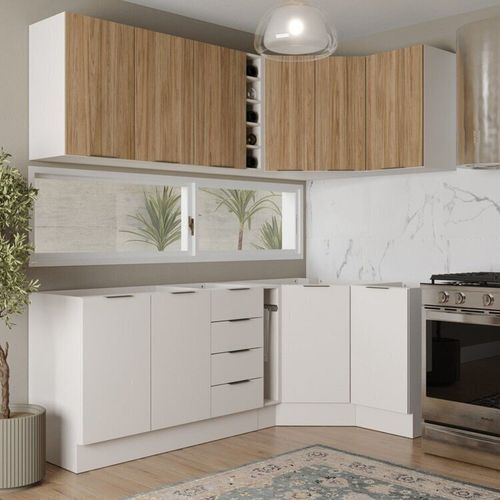 Cozinha Modulada 8 Peças sem Tampo com Rodapé 4 Aéreos e 4 Balcões Ipanema CabeCasa MadeiraOriginals Branco/Acácia