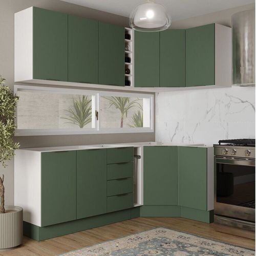Cozinha Modulada 8 Peças sem Tampo com Rodapé 4 Aéreos e 4 Balcões Ipanema CabeCasa MadeiraOriginals Verde Folha