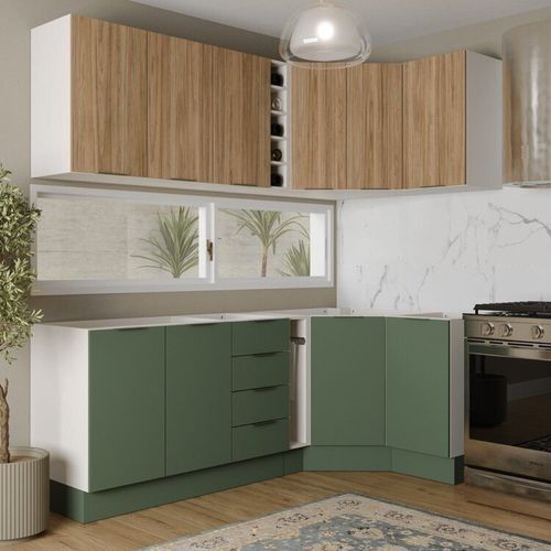 Cozinha Modulada 8 Peças sem Tampo com Rodapé 4 Aéreos e 4 Balcões Ipanema CabeCasa MadeiraOriginals Verde Folha/Acácia