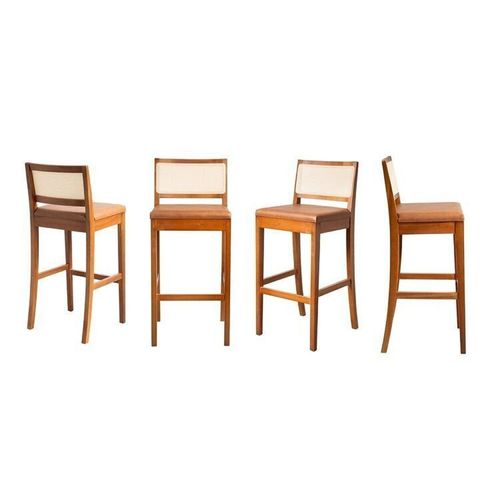 Kit 4 Banquetas com Encosto e Apoio para Pés Tiê CabeCasa MadeiraOriginals Amêndoa/Caramelo