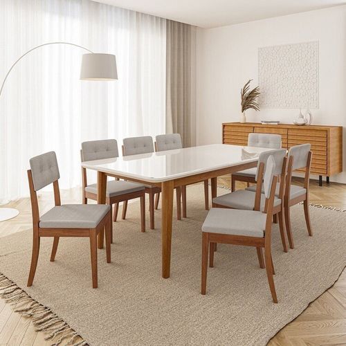 Conjunto Mesa de Jantar Tangará 210cm e 8 Cadeiras Estofadas Tiê CabeCasa MadeiraOriginals Caramelo/Bege Claro