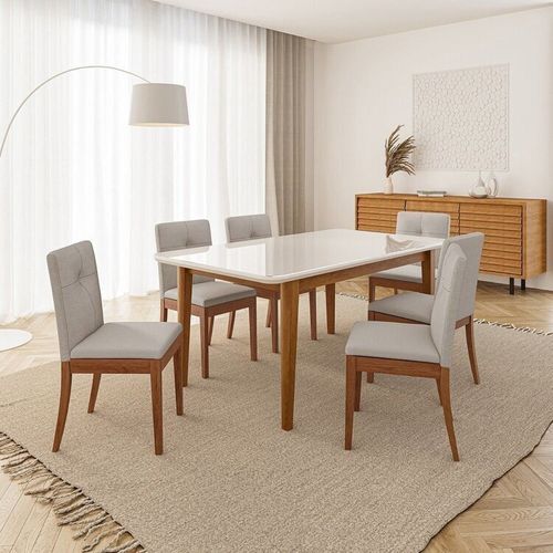 Conjunto Mesa de Jantar Tangará 180cm e 6 Cadeiras Estofadas Tiê Maxx CabeCasa MadeiraOriginals Caramelo/Bege Claro