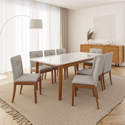 Conjunto Mesa de Jantar Tangará 210cm e 8 Cadeiras Estofadas Tiê Maxx CabeCasa MadeiraOriginals Caramelo/Bege Claro