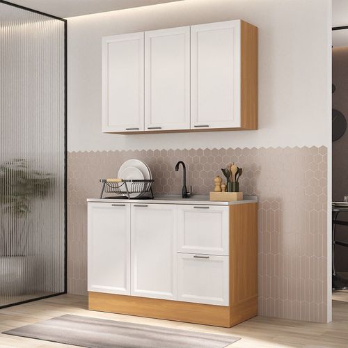 Cozinha Compacta 2 Peças 1 Aéreo 1 Balcão Soho CabeCasa MadeiraOriginals Freijó/Branco
