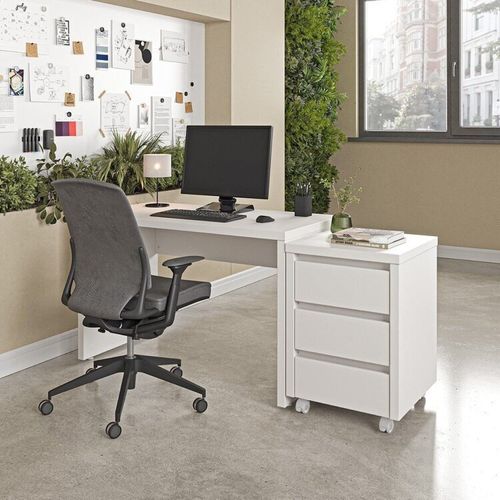 Escrivaninha Mesa Escritório com Gaveteiro com Rodízio Ficus 170cm CabeCasa MadeiraOriginals Branco Branco