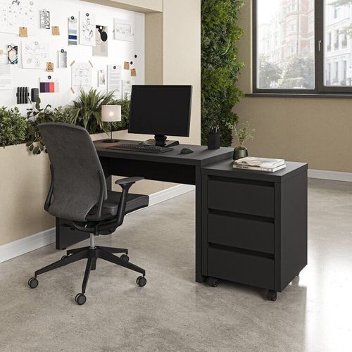 Escrivaninha Mesa Escritório com Gaveteiro com Rodízio Ficus 170cm CabeCasa MadeiraOriginals Preto Preto