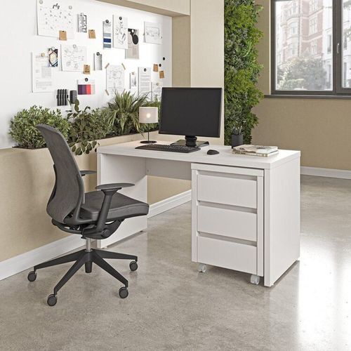 Escrivaninha Mesa Escritório com Gaveteiro com Rodízio Ficus 135cm CabeCasa MadeiraOriginals Branco Branco