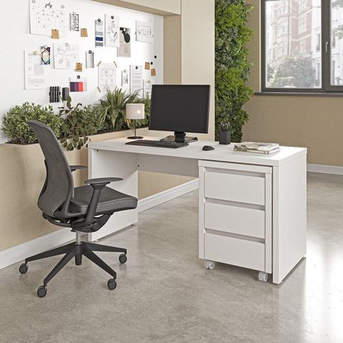 Escrivaninha Mesa Escritório com Gaveteiro com Rodízio Ficus 150cm CabeCasa MadeiraOriginals Branco Branco