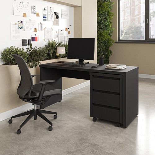 Escrivaninha Mesa Escritório com Gaveteiro com Rodízio Ficus 150cm CabeCasa MadeiraOriginals Preto Preto