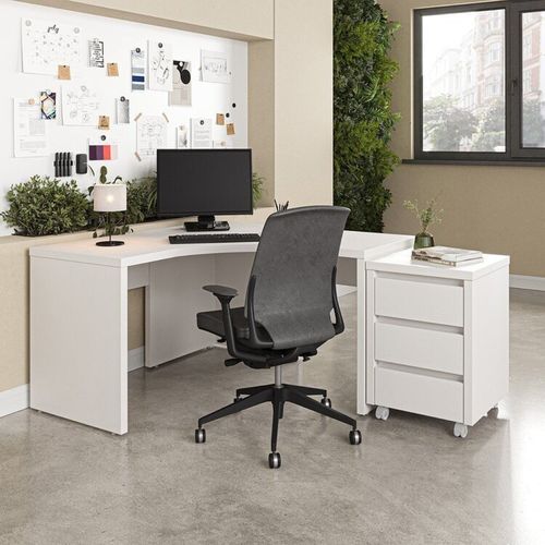Escrivaninha Mesa Escritório em L com Gaveteiro com Rodízio Ficus 135cm CabeCasa MadeiraOriginals Branco Branco