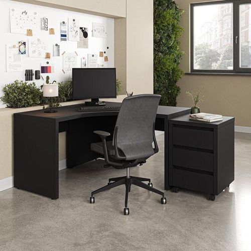 Escrivaninha Mesa Escritório em L com Gaveteiro com Rodízio Ficus 135cm CabeCasa MadeiraOriginals Preto Preto