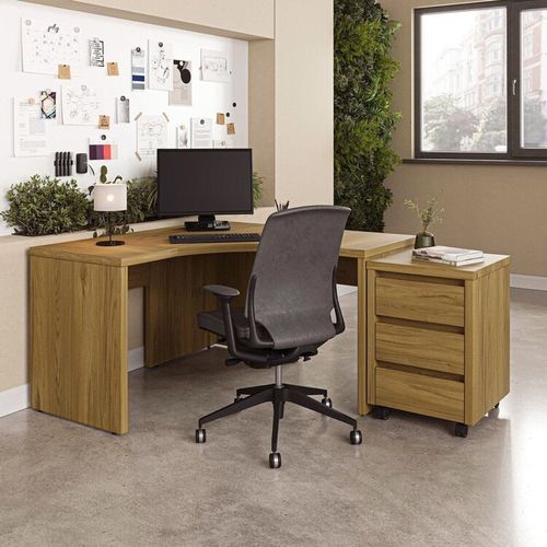 Escrivaninha Mesa Escritório em L com Gaveteiro com Rodízio Ficus 135cm CabeCasa MadeiraOriginals Rovere Rovere