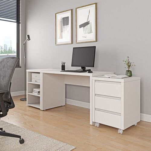 Escrivaninha Mesa Escritório com Gaveteiro com Rodízio e Prateleiras Ficus 120cm CabeCasa MadeiraOriginals Branco Branco