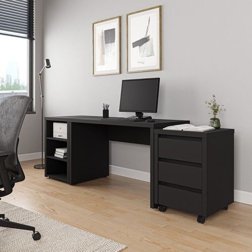 Escrivaninha Mesa Escritório com Gaveteiro com Rodízio e Prateleiras Ficus 120cm CabeCasa MadeiraO Preto