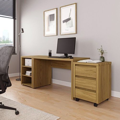 Escrivaninha Mesa Escritório com Gaveteiro com Rodízio e Prateleiras Ficus 120cm CabeCasa MadeiraOriginals Rovere Rovere