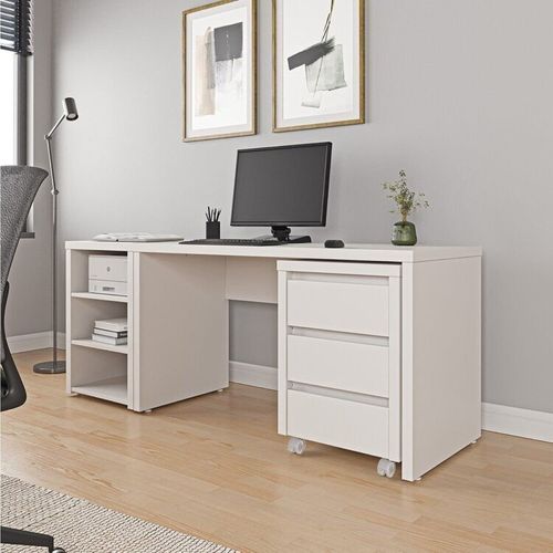 Escrivaninha Mesa Escritório com Gaveteiro com Rodízio e Prateleiras Ficus 135cm CabeCasa MadeiraO Branco
