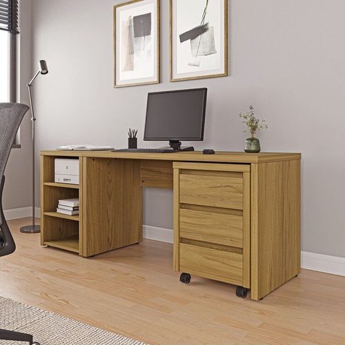 Escrivaninha Mesa Escritório com Gaveteiro com Rodízio e Prateleiras Ficus 135cm CabeCasa MadeiraO Rovere