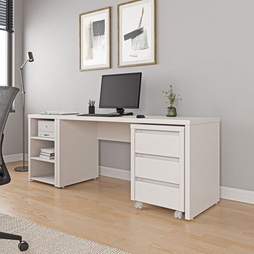 Escrivaninha Mesa Escritório com Gaveteiro com Rodízio e Prateleiras Ficus 200cm CabeCasa MadeiraO Branco