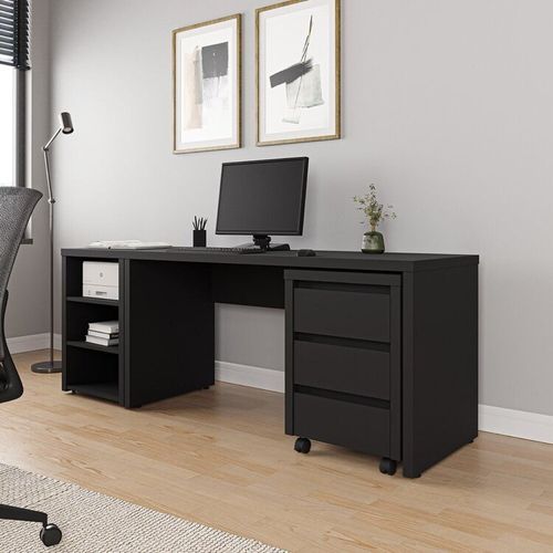 Escrivaninha Mesa Escritório com Gaveteiro com Rodízio e Prateleiras Ficus 200cm CabeCasa MadeiraOriginals Preto Preto