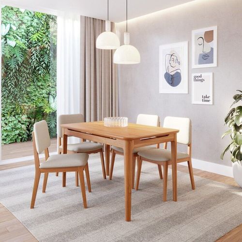 Conjunto Sala de Jantar 1 Mesa 130cm 4 Cadeiras Estofadas Miriti CabeCasa MadeiraOriginals Caramelo/Creme