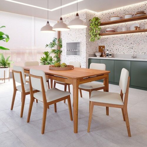 Conjunto Sala de Jantar 1 Mesa 180cm 6 Cadeiras Estofadas Miriti CabeCasa MadeiraOriginals Caramelo/Creme