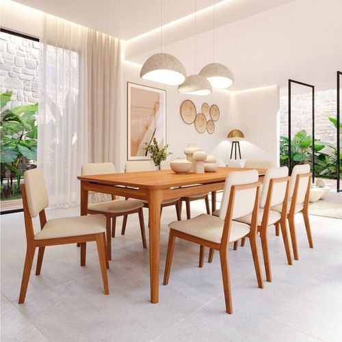Conjunto Sala de Jantar 1 Mesa 210cm 8 Cadeiras Estofadas Miriti CabeCasa MadeiraOriginals Caramelo/Creme