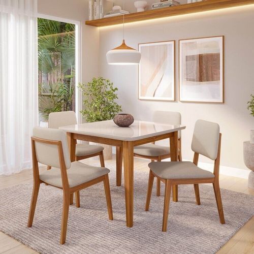 Conjunto Sala de Jantar 1 Mesa Tangará 95cm 4 Cadeiras Estofadas Miriti CabeCasa MadeiraOriginals Off White/Creme