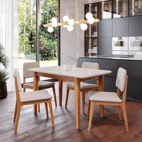Conjunto Sala de Jantar 1 Mesa Tangará 130cm 4 Cadeiras Estofadas Miriti CabeCasa MadeiraOriginals Off White/Creme