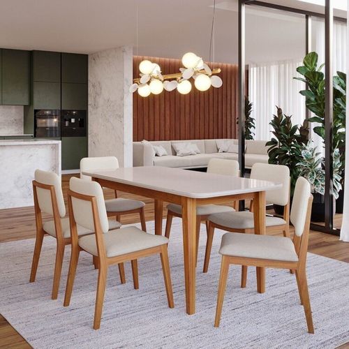 Conjunto Sala de Jantar 1 Mesa Tangará 160cm 6 Cadeiras Estofadas Miriti CabeCasa MadeiraOriginals Off White/Creme