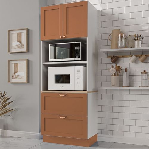 Torre Quente 2 Portas 2 Gavetas 2 Nichos para Forno e Microondas Arizona CabeCasa MadeiraOriginals Branco/Terracota