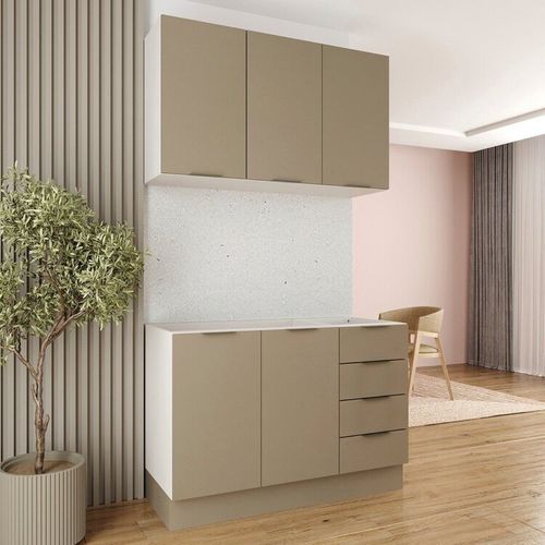 Cozinha Modulada 2 Peças sem Tampo com Rodapé 1 Aéreo e 1 Balcão Ipanema CabeCasa MadeiraOriginals Fendi Trama