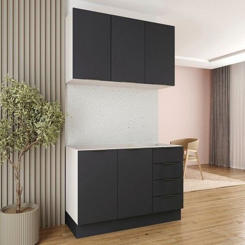 Cozinha Modulada 2 Peças sem Tampo com Rodapé 1 Aéreo e 1 Balcão Ipanema CabeCasa MadeiraOriginals Grafite Trama