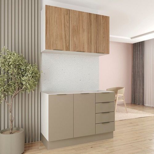 Cozinha Modulada 2 Peças sem Tampo com Rodapé 1 Aéreo e 1 Balcão Ipanema CabeCasa MadeiraOriginals Fendi Trama/Acácia