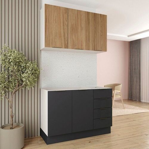 Cozinha Modulada 2 Peças sem Tampo com Rodapé 1 Aéreo e 1 Balcão Ipanema CabeCasa MadeiraOriginals Grafite Trama/Acácia