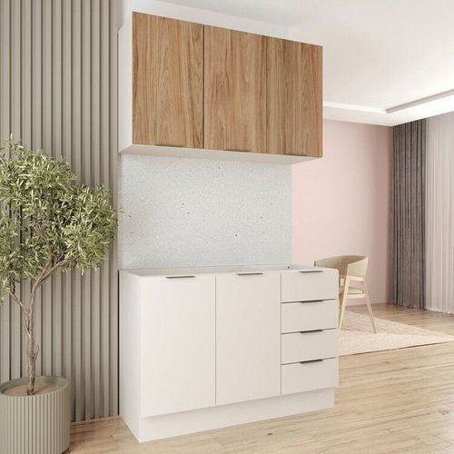 Cozinha Modulada 2 Peças sem Tampo com Rodapé 1 Aéreo e 1 Balcão Ipanema CabeCasa MadeiraOriginals Branco/Acácia
