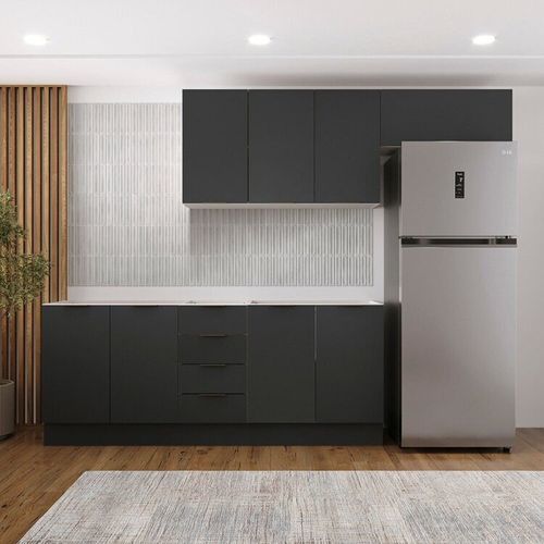 Cozinha Modulada 4 Peças sem Tampo com Rodapé 2 Aéreos e 2 Balcões Ipanema CabeCasa MadeiraOriginals Grafite Trama