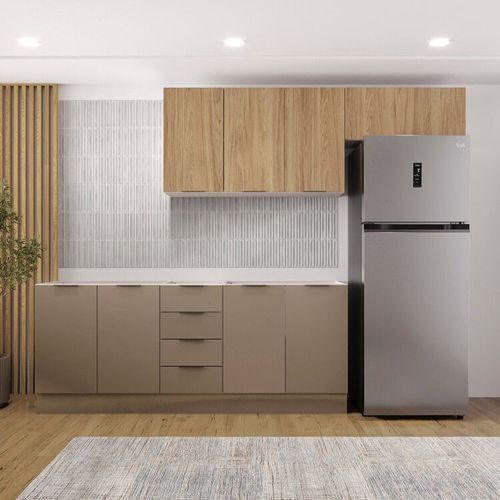 Cozinha Modulada 4 Peças sem Tampo com Rodapé 2 Aéreos e 2 Balcões Ipanema CabeCasa MadeiraOriginals Fendi Trama/Acácia