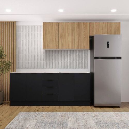 Cozinha Modulada 4 Peças sem Tampo com Rodapé 2 Aéreos e 2 Balcões Ipanema CabeCasa MadeiraOriginals Grafite Trama/Acácia