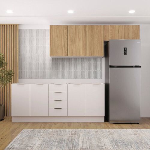 Cozinha Modulada 4 Peças sem Tampo com Rodapé 2 Aéreos e 2 Balcões Ipanema CabeCasa MadeiraOriginals Branco/Acácia