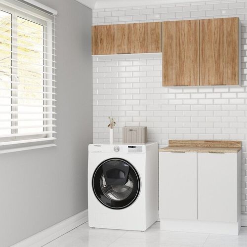 Lavanderia Modulada 3 Peças 2 Armários Aéreos 4 Portas 1 Balcão Ipanema CabeCasa MadeiraOriginals Branco/Acácia