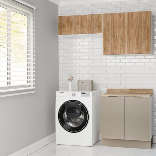 Lavanderia Modulada 3 Peças 2 Armários Aéreos 4 Portas 1 Balcão Ipanema CabeCasa MadeiraOriginals Fendi/Acácia