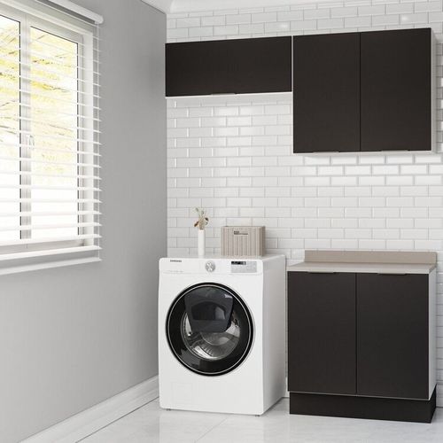 Lavanderia Modulada 3 Peças 2 Armários Aéreos 4 Portas 1 Balcão Ipanema CabeCasa MadeiraOriginals Grafite Trama