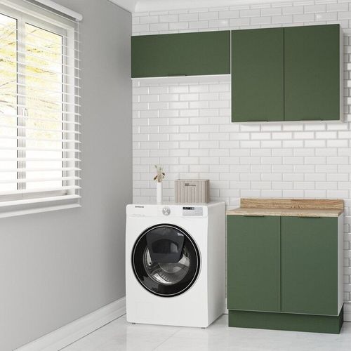 Lavanderia Modulada 3 Peças 2 Armários Aéreos 4 Portas 1 Balcão Ipanema CabeCasa MadeiraOriginals Verde Folha