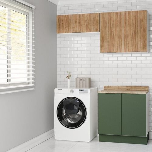 Lavanderia Modulada 3 Peças 2 Armários Aéreos 4 Portas 1 Balcão Ipanema CabeCasa MadeiraOriginals Verde Folha/Acácia