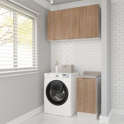 Lavanderia Modulada 2 Peças 1 Armário Aéreo 3 Portas 1 Balcão Ipanema CabeCasa MadeiraOriginals Acácia