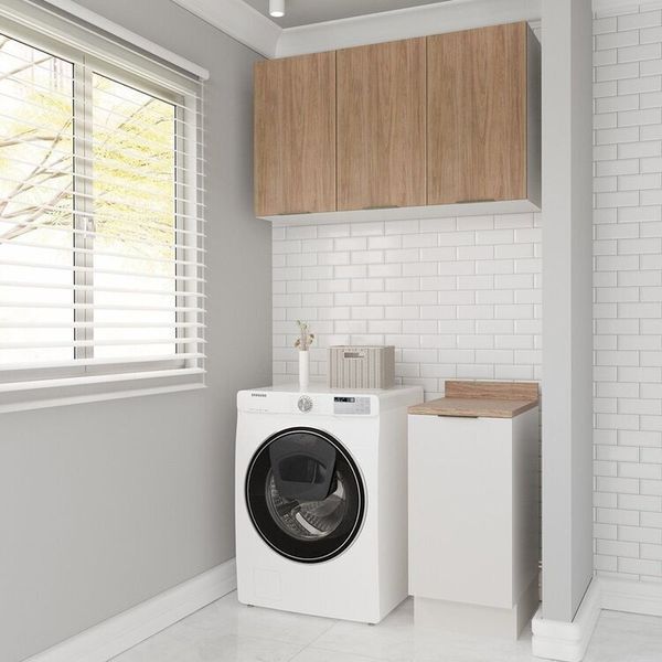 Lavanderia Modulada 2 Peças 1 Armário Aéreo 3 Portas 1 Balcão Ipanema CabeCasa MadeiraOriginals Branco/Acácia